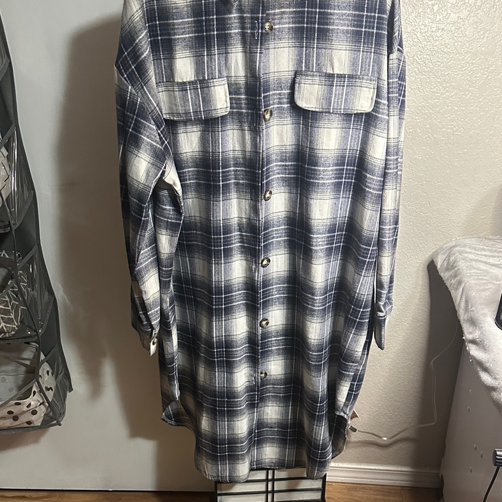Blue Grey and White Plaid Button-Up Shirt Dress NWOT